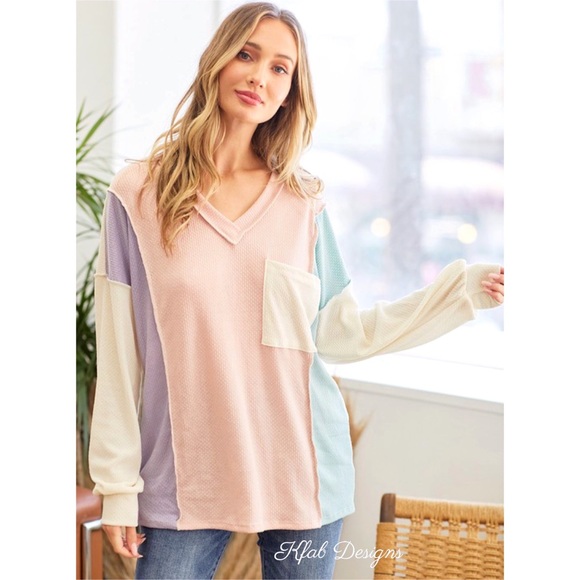 LAST 1! V Neck Pastel Palette Textured Soft Hacci Color Block Top! - Picture 4 of 9